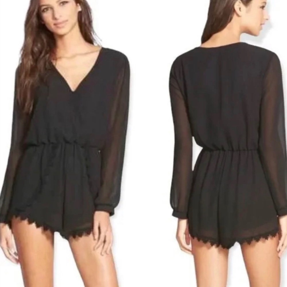 ASTR The Label Crochet Long Sleeve Romper- Black